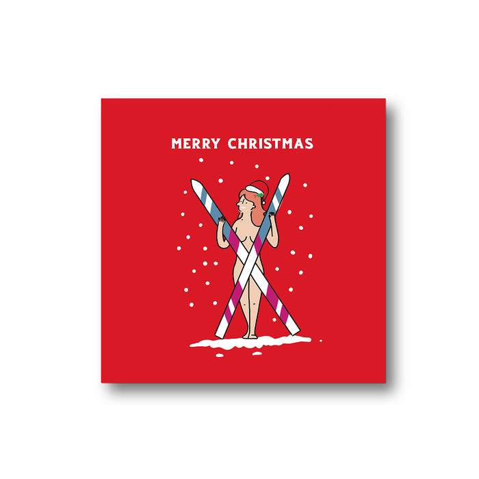 Naked Woman Holding Crossed Skis Merry Christmas Fridge Magnet | Cheeky, Funny Christmas Decorations, Stocking Filler, LGBT, Nude Skier In Santa Hat