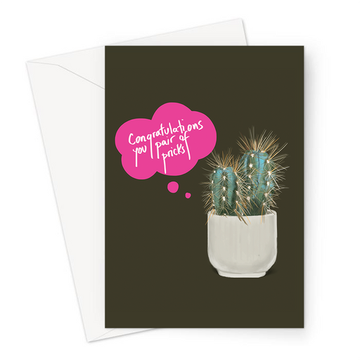 Congratulations You Pair Of Pricks Greeting Card | Rude Speech Bubble Engagement Card, Offensive Profanity Cactus Prick Pun Congratulations Card