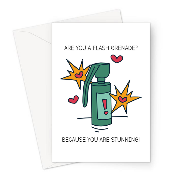 Are You A Flash Grenade? Because You Are Stunning! Greeting Card | Valentines Card For Gamer, Girlfriend, Wife, Flash Grenade Surrounded By Hearts
