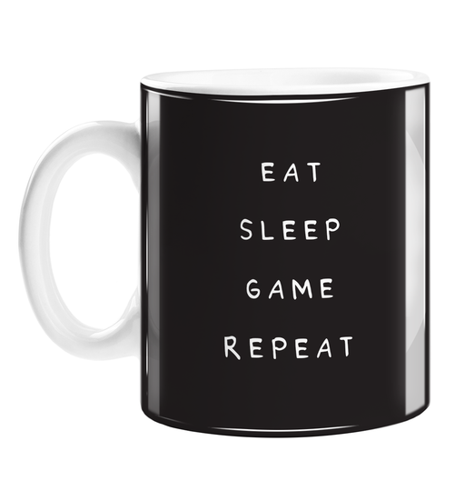 Eat Sleep Game Repeat Mug | Funny Gift For Gaming Addict, Gamer, Gaming Obsessed, Games, Eat Sleep Rave Repeat Pun, Monochrome