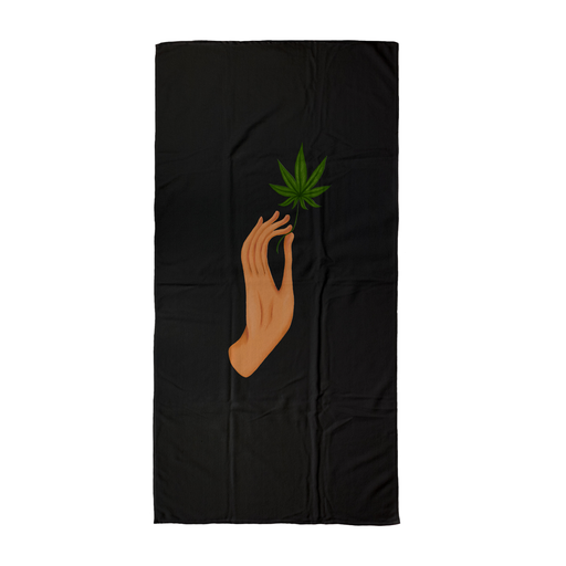 Hand Holding Weed Leaf Black Beach Towel | Hand Held Cannabis Leaf Illustration, Hand Illustrated Fine Art Marijuana Leaf, Stoner Towel, Hash, Ganja