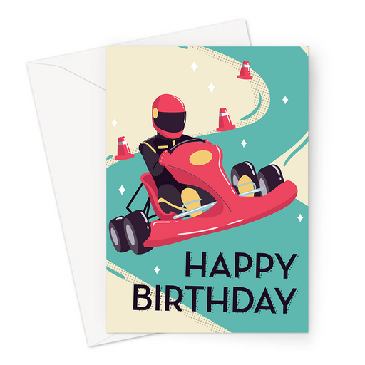 Happy Birthday Go Karting Greeting Card | Happy Birthday Card For Go Karter, Driver In Go Kart On A Track, Helmet, Go Cart, Kart Racing, Karting