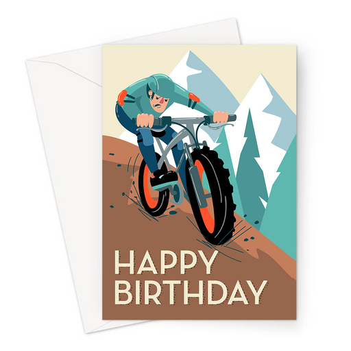 Happy Birthday Mountain Biking Greeting Card | Happy Birthday Card For Moutain Biker, Determined Mountain Biker Riding Bike Along Trail, Off Road, 