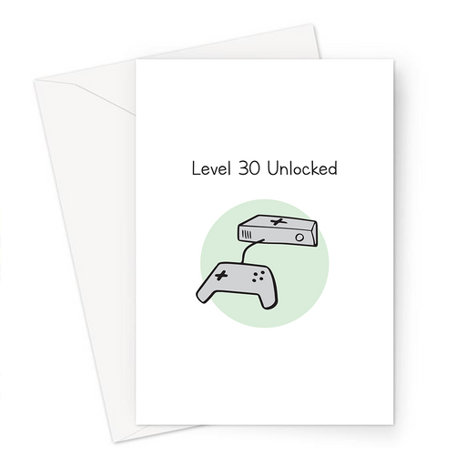 Level 30 Unlocked Greeting Card | 30th Birthday Card For Gamer, Thirtieth, Thirty Year Old, Gaming Obsessed, Games Console Doodle