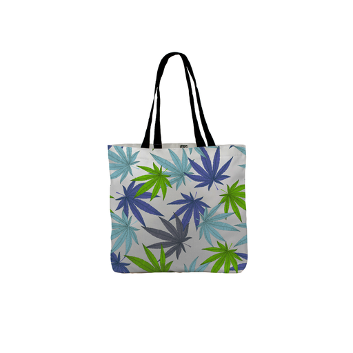 Weed Print Blue Tote | Cannabis Leaf Illustration In Blues, Green & Grey, Hand Illustrated Fine Art Marijuana Leaves, Colourful Canvas Shopping Bag