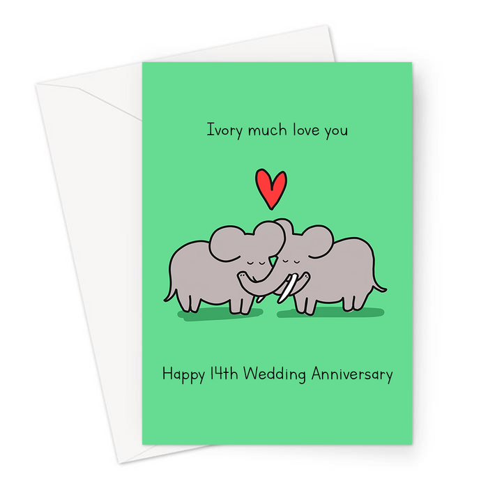 Ivory Much Love You Happy 14th Wedding Anniversary Greeting Card | Ivory, Fourteenth Anniversary Card For Husband, Wife, Elephants In Love, Love Heart