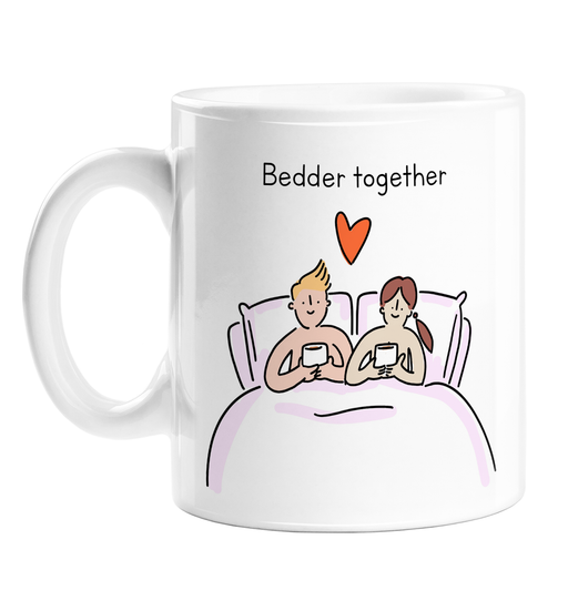 Bedder Together Mug | Funny Furniture Pun 17th Anniversary Gift For Husband Or Wife, Couple In Bed With Mugs And Love Heart