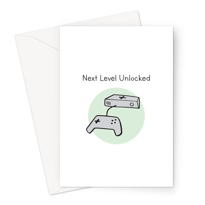 Next Level Unlocked Greeting Card | Birthday Card For Gamer, Gaming Obsessed, Games Console And Controller Doodle, Gaming Pun