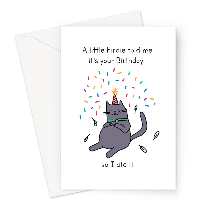 A Little Birdie Told Me It’s Your Birthday So I Ate It Greeting Card | Funny Cat Birthday Card For Cat Owner, Cat In Birthday Hat With Bird Feathers