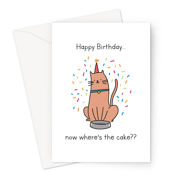 Happy Birthday Now Where’s The Cake?? Greeting Card | Funny Cat Birthday Card For Cat Owner, Cat In Party Hat, Cat With Empty Bowl Waiting For Cake