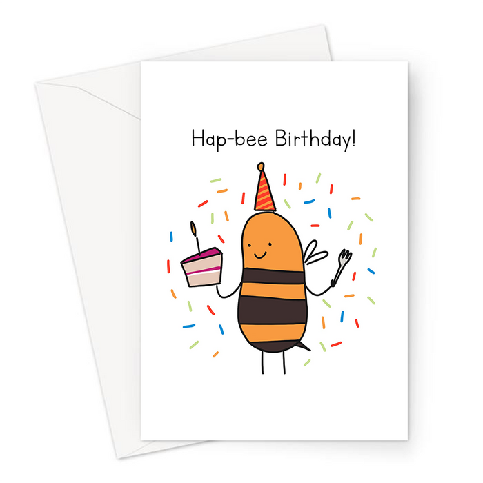 Hap-bee Birthday! Greeting Card | Funny Happy Birthday Card For Friend, Sibling, Partner, Parent, Grandparent, Bumble Bee In Party Hat With Cake