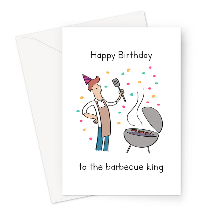 Happy Birthday To The Barbecue King Greeting Card | Funny, Birthday Card For Boyfriend, Husband, Dad, Him, Man BBQing In Apron And Party Hat, BBQ