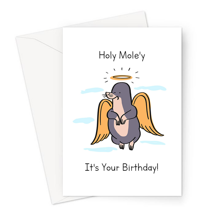 Holy Mole'y It's Your Birthday! Greeting Card | Funny Mole Pun Birthday Card, Mole Angel With Halo And Wings, Holy Moly Mole Pun, Religion Pun