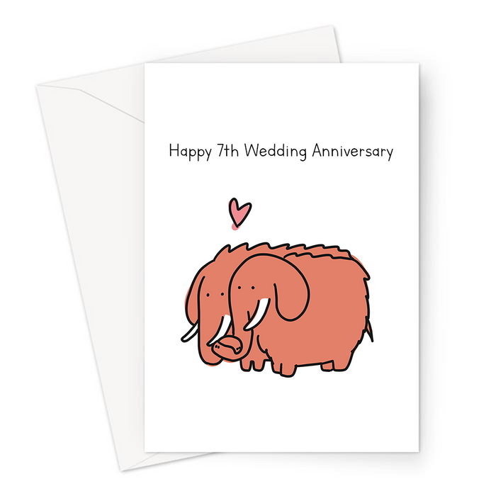 Happy 7th Wedding Anniversary Greeting Card | Wool Wedding Anniversary Card For Husband Or Wife, Woolly Mammoths In Love, Married Seven Years