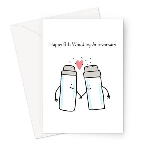 Happy 8th Wedding Anniversary Greeting Card | Salt Wedding Anniversary Card For Husband Or Wife, Salt Shakers In Love, Married Eight Years