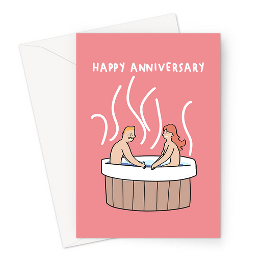 Happy Anniversary Couple In A Hot Tub Greeting Card | Funny Anniversary Card Card For Nudist Couple, For Her, For Him, Nude Couple In A Jacuzzi