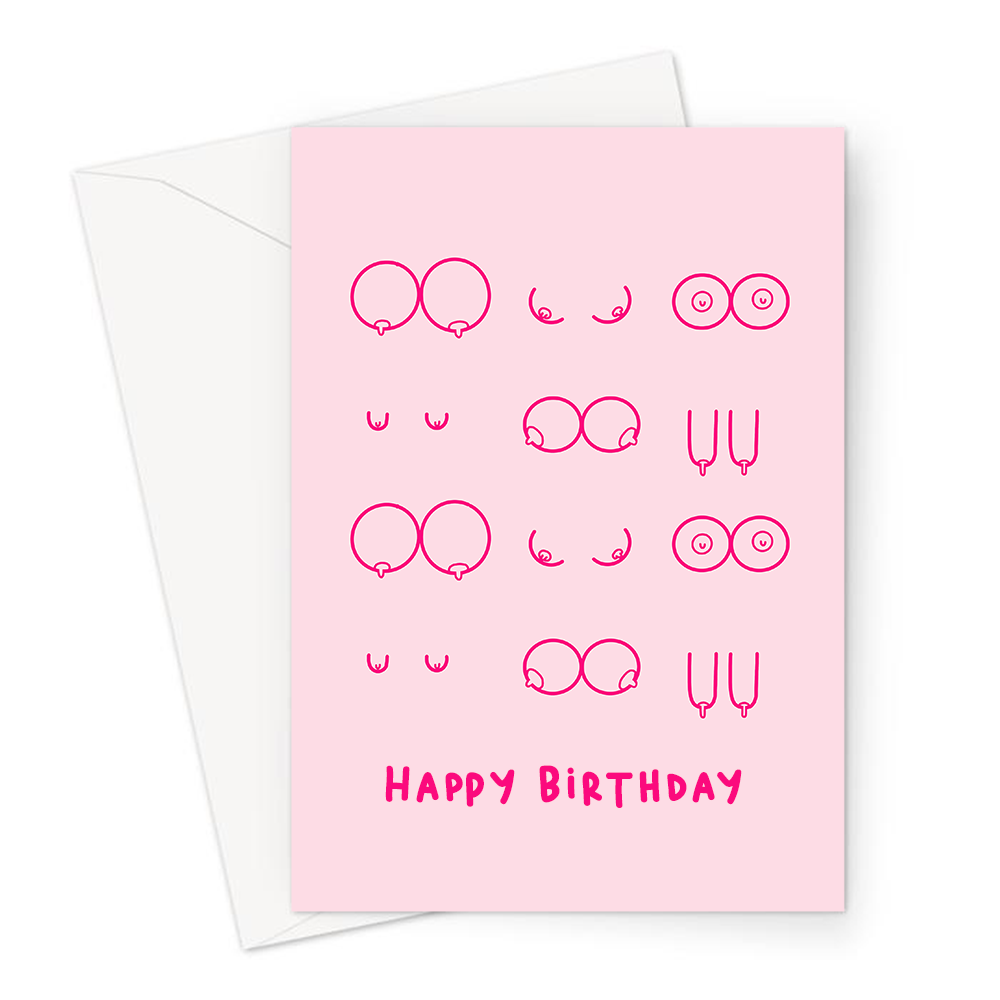 Happy Birthday Boobs Illustration Pink Greeting Card