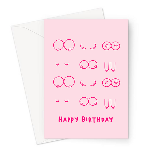 Happy Birthday Boobs Illustration Pink Greeting Card | Breasts In Different Shapes And Sizes Print Birthday Card, Abstract Nude, LGBTQ+