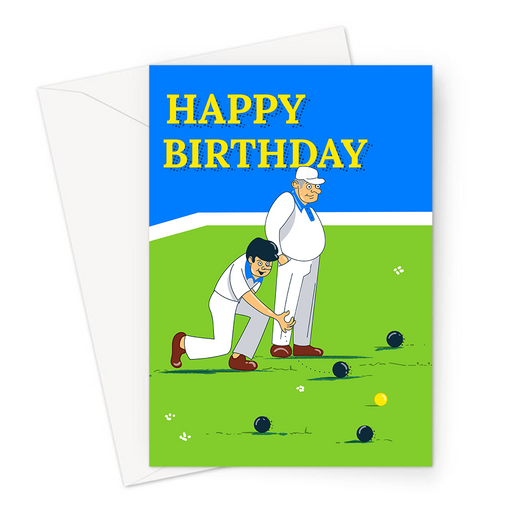 Happy Birthday Bowls Greeting Card | Happy Birthday Card For Bowls Player, Two People Playing Bowls On Grass, Fast Green, Heavy Green, Slow Green