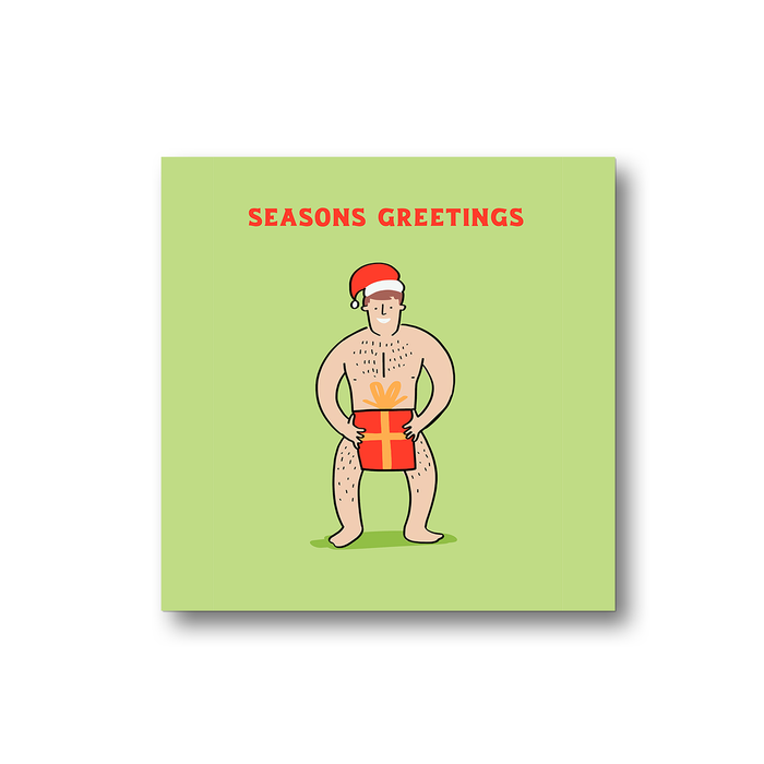 Naked Man In Santa Hat Seasons Greetings Fridge Magnet | Funny Christmas Gift, Stocking Filler, Decor, LGBT, Nude Man In Santa Hat Holding Present