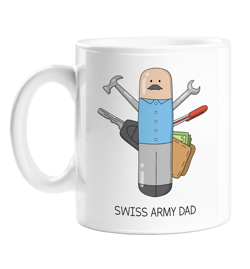 Swiss Army Dad Mug | Handyman Mug For Dad, Swiss Army Joke, Swiss Army Shaped Dad With Tools Pen, Money And Keys, Well Prepared Dad