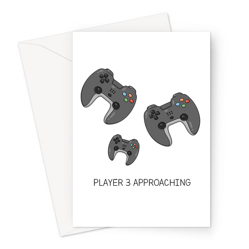 Player 3 Approaching Greeting Card | New Baby Card For Gamer Couple, Games Controllers, Congratulations, Baby Shower Card, Having A Baby