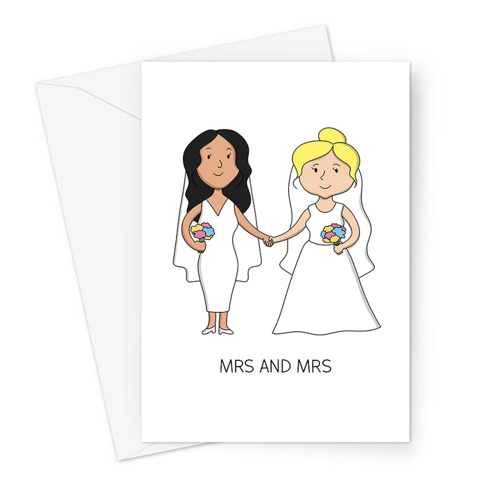 Mrs And Mrs Greeting Card | Cute Wedding Card For Lesbian Couple, LGBT, LGBTQ+, Congratulations, Just Married Card, Two Brides Holding Hands