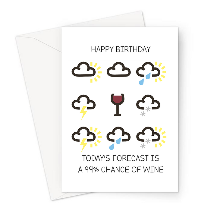 Happy Birthday Today's Forecast Is A 99% Chance Of Wine Greeting Card | Funny Wine Joke Birthday Card For Friend, Wine Drinker, Glass Of Wine Weather