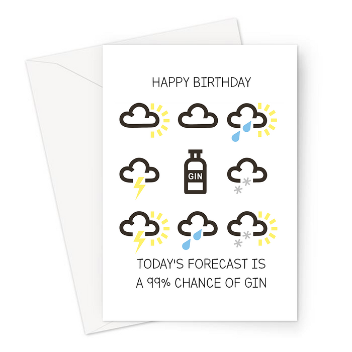 Happy Birthday Today's Forecast Is A 99% Chance Of Gin Greeting Card | Funny Gin Joke Birthday Card For Friend, Gin Drinker, Bottle Of Gin Weather