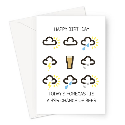 Happy Birthday Today's Forecast Is A 99% Chance Of Beer Greeting Card | Funny Beer Joke Birthday Card For Friend, Beer Drinker, Pint Of Beer Weather