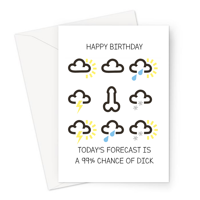 Happy Birthday Today's Forecast Is A 99% Chance Of Dick Greeting Card | Funny Penis Joke Birthday Card For Friend, Penis Outline Weather, Willy, Cock