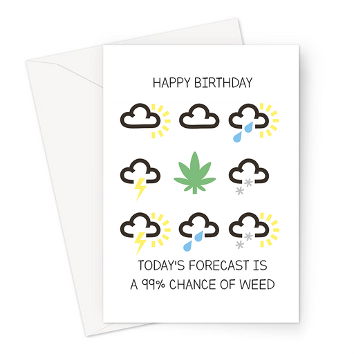 Happy Birthday Today's Forecast Is A 99% Chance Of Weed Greeting Card | Funny Cannabis Joke Birthday Card For Friend, Weed Smoker, Weed Leaf Weather