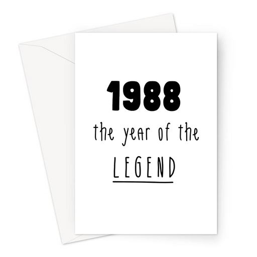 1988 The Year Of The Legend Greeting Card | Complimentary Birthday Card For Friend, Brother, Sister, Mum, Dad, The Best, Born In The Eighties, 80s