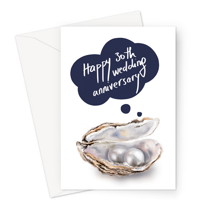 Happy 30th Wedding Anniversary Greeting Card | Pearl Wedding Anniversary Card, Oyster With Pearls, For Husband, Married 30 Years, Blue Speech Bubble