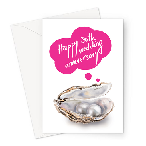 Happy 30th Wedding Anniversary Greeting Card | Pearl Wedding Anniversary Card, Oyster With Pearls, For Wife, Married 30 Years, Pink Speech Bubble