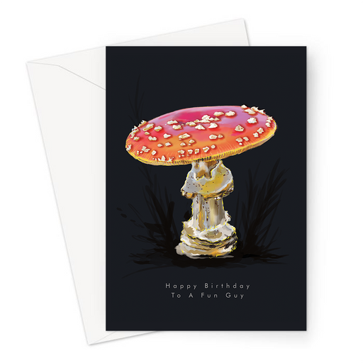 Happy Birthday To A Fun Guy Greeting Card | Funghi, Mushroom Pun Card, Mushroom With Confetti, Fine Art Illustration, Happy Birthday To A Funghi