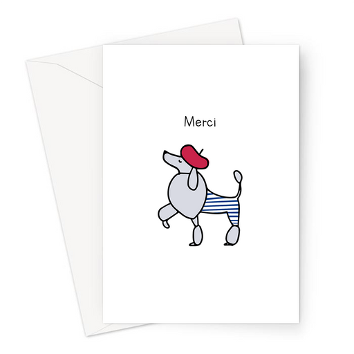 Merci Greeting Card | Poodle Doodle, French Thank You Card, French Poodle In A Beret And Striped Top