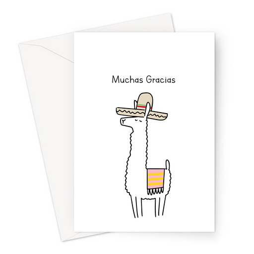 Muchas Gracias Greeting Card | Llama Doodle, Spanish Thank You Card, Thanks, Llama In A Sombrero
