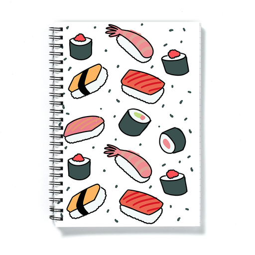 Sushi Print A5 Notebook | Different Sushi Bites Print Notepad, Salmon, Prawns, Crab, California Rolls, Nigiri, Sashimi, Maki, Tuna Roll