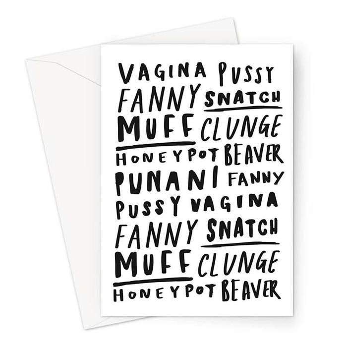 Vagina Word Art Greetings Card | Pussy, Fanny, Snatch, Muff, Beaver, Honey Pot, Punani, Honey Pot, Clunge