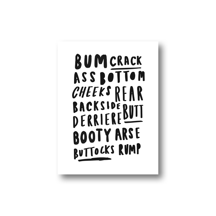 Bum Word Art Adhesive Sticker | Ass, Bottom, Backside, Derriere, Booty, Buttocks, Arse, Rump, Cheeks, Crack, Rear