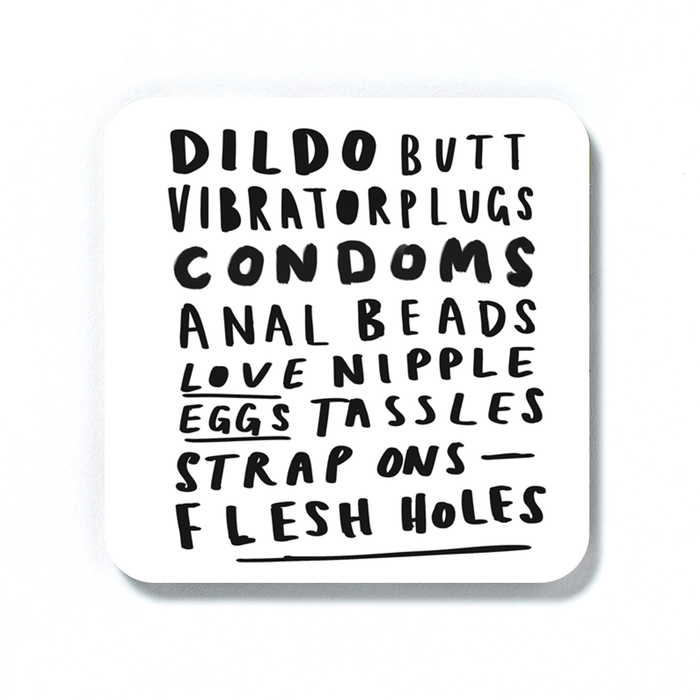 Sex Toy Word Art Coaster | Dildo, Butt Plugs, Love Eggs, Flesh Holes, Strap Ons, Nipple Tassles, Vibrator, Anal Beads