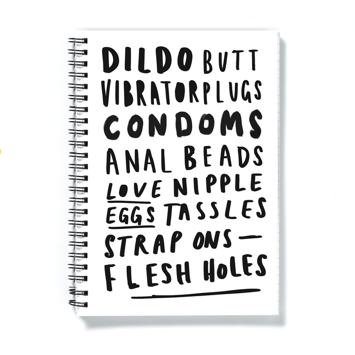 Sex Toy Word Art Spiralled Notebook | Dildo, Butt Plugs, Love Eggs, Flesh Holes, Strap Ons, Nipple Tassles, Vibrator, Anal Beads