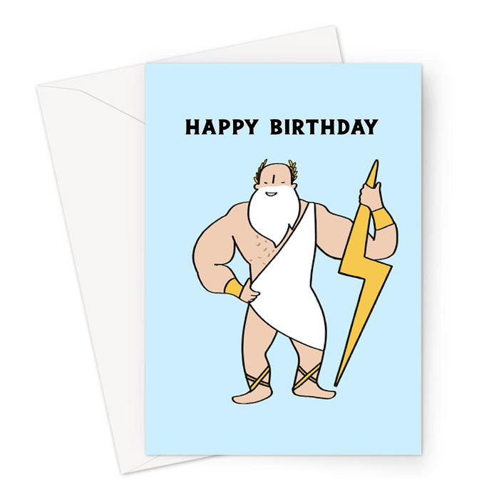 Zeus Happy Birthday Greeting Card | Buff Zeus With Lightning Bolt Birthday Card For Him, Friend, Greek Mythology, God Of Thunder