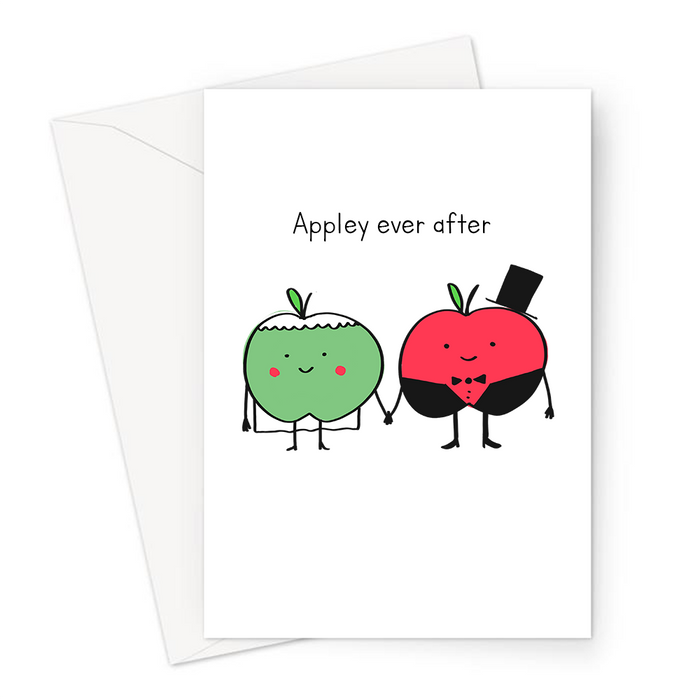 Appley Ever After Greeting Card | Cute, Kawaii, Funny Apple Pun Engagement Card, Congratulations, Apple Bride And Groom Doodle