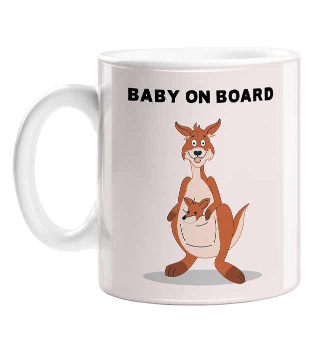 Baby On Board Mug | Funny, Pregnancy Pun Baby Gift, Kangaroo With It's Joey In It's Pouch, Kangaroo Mother, New Baby