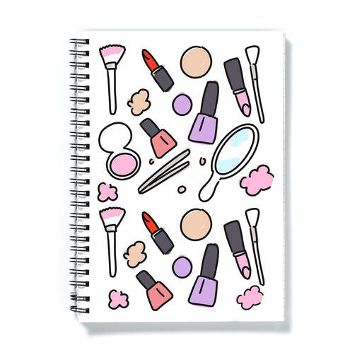 Beauty Print A5 Notebook | Beauty Print Notepad For Make Up Artist Or Beautician, Blush, Lipstick, Nail Varnish, Tweezers, Brushes, Mirror
