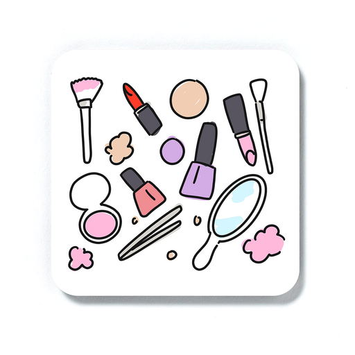 Beauty Print Coaster | Beauty Print Drinks Mat For Make Up Artist Or Beautician, Blush, Lipstick, Nail Varnish, Tweezers, Brushes, Mirror