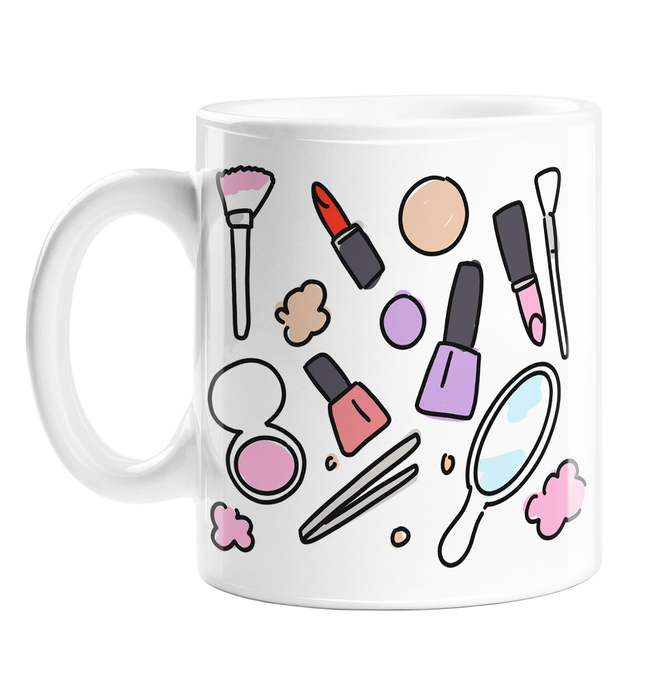 Beauty Print Mug | Beauty Print Coffee Mug For Make Up Artist Or Beautician, Blush, Lipstick, Nail Varnish, Tweezers, Brushes, Mirror