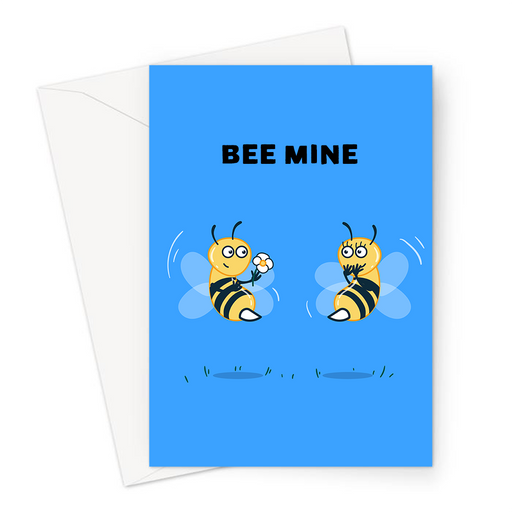 Bee Mine Greeting Card | Funny, Bee Pun Valentine's Card, Bees In Love, Bee Giving Flowers To Another Be, Be Mine, Be My Valentine